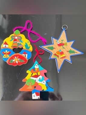 Lot of 3 Handmade Hand-Painted Wooden Christmas Ornaments from San Salvador